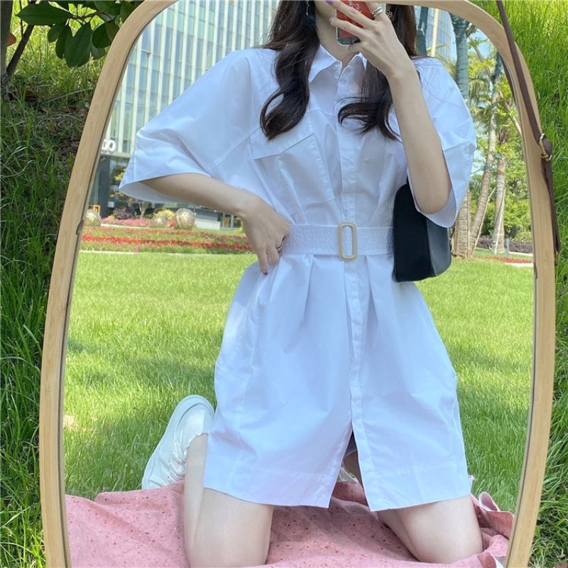 Đầm sơ mi màu trắng thời trang mùa hè phong cách Hàn Quốc dành cho nữ