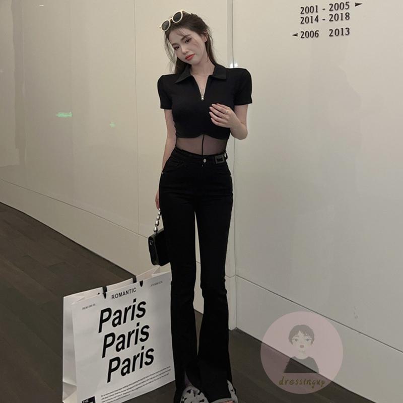 DRE-Women Attractive Sheer Bodysuit, Black Solid Color Quarter Zip Turn-down Neckline Bodysuit