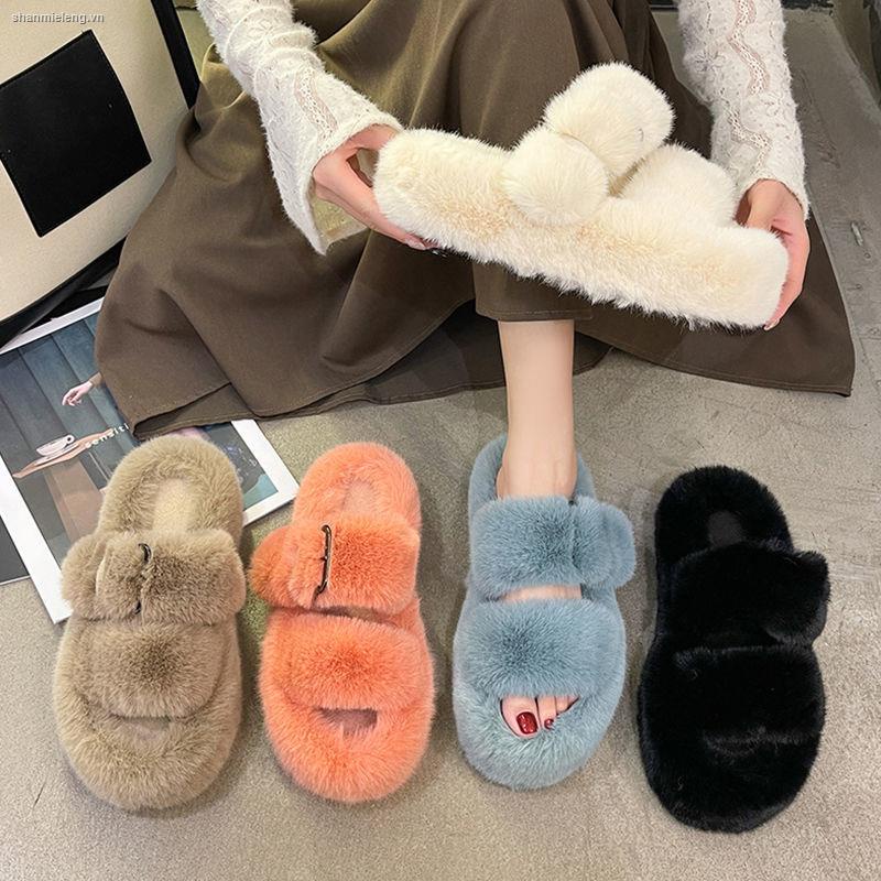 Dép cotton phối lông thỏ thật thời trang xuân thu mới 2022 cho nữ