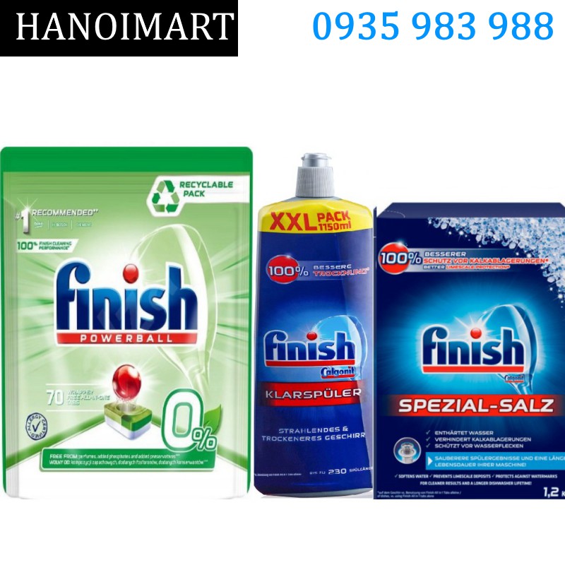 Combo Viên rửa bát Finish Eco 70 tabs + Muối Finish 1.2kg + Nước bóng finish 1150ml