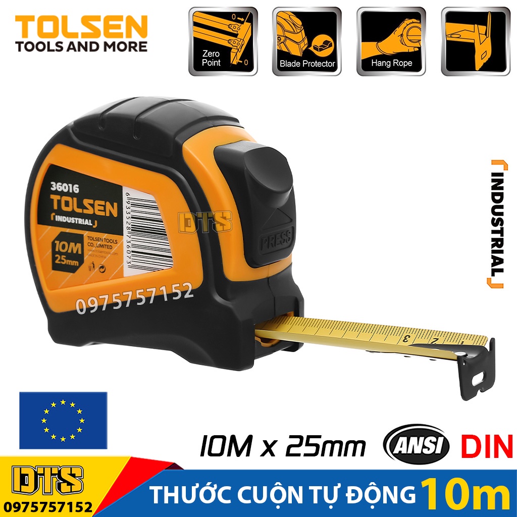 Thước cuộn tự động 10m TOLSEN, thước kéo thép nền vàng công nghiệp vỏ nhựa ABS chống va đập phủ TPR - Tiêu chuẩn châu Âu