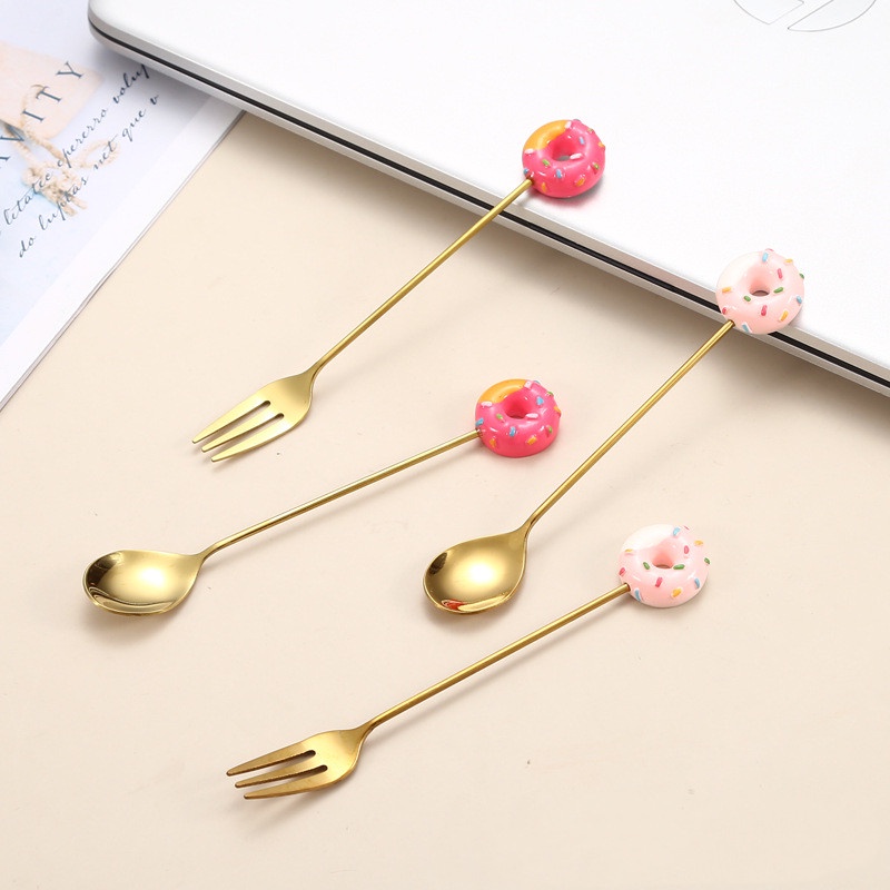 Bộ Muỗng Nĩa Hình Bánh Donut Bằng Thép Không Gỉ Độc Đáo