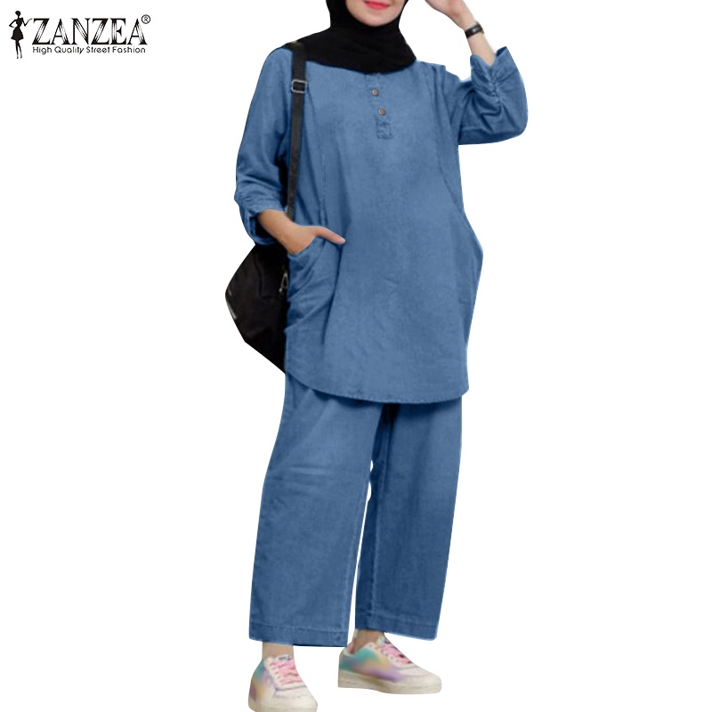 Zanzea Set Áo Denim Tay 3 / 4 + Quần Dài Ống Rộng Thời Trang Nữ