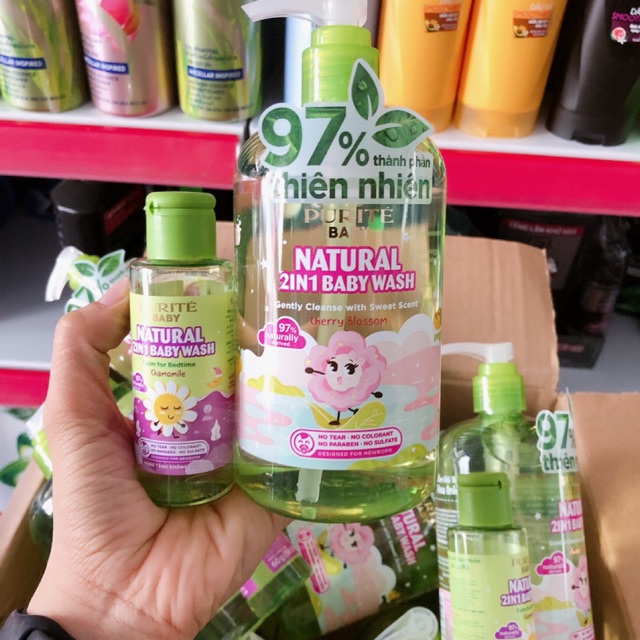 Tắm gội baby purite hương hoa anh đào 500ml tặng kèm chai nhỏ 60ml