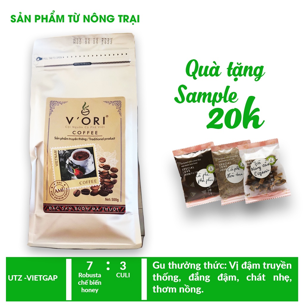 Cà phê Robusta Honey nguyên chất rang mộc 100% V'Ori 500gr vị đắng đầm, chua nhẹ thơm nồng dùng pha phin.