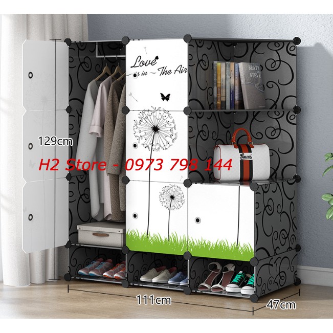 TỦ NHỰA LẮP GHÉP 9 Ô + 3 Ô GIÀY (GỒM 2 KỆ) VÁCH ĐEN CỬA TRẮNG BỒ CÔNG ANH ĐỂ QUẦN ÁO ĐA NĂNG