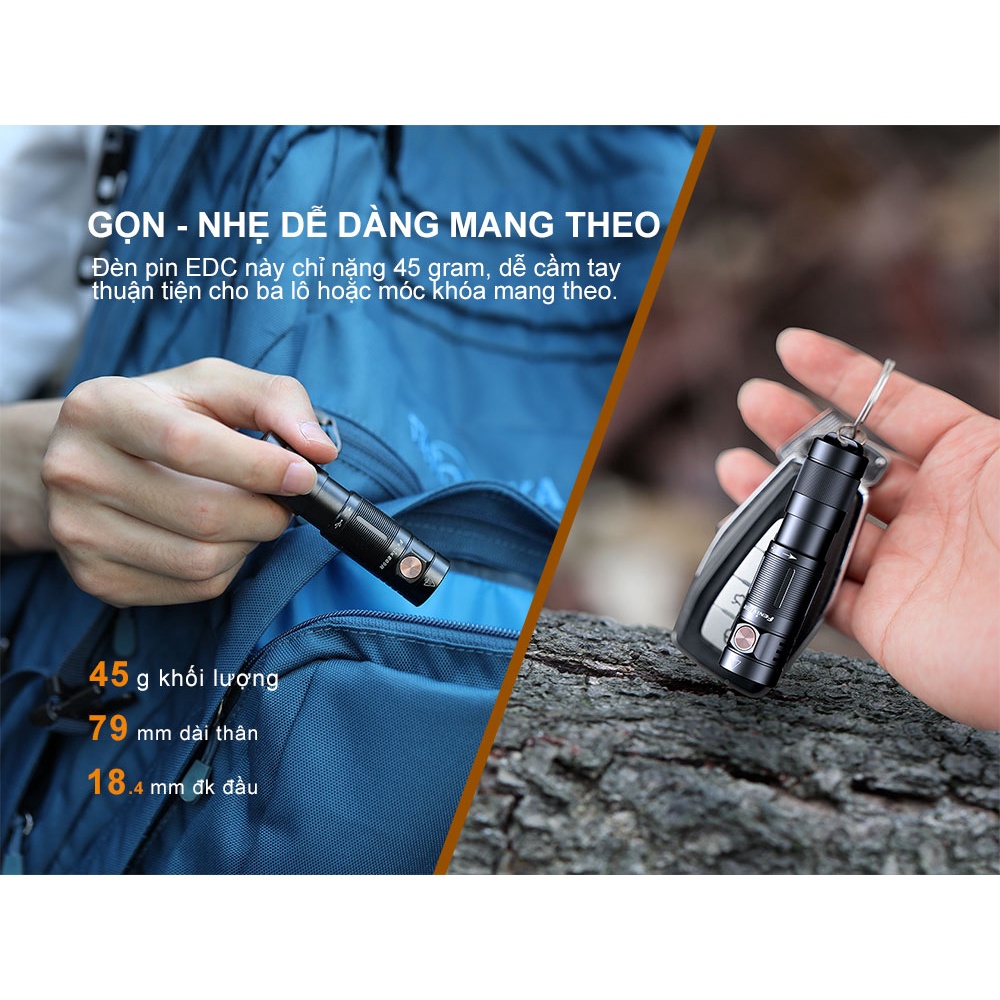 Đèn pin móc khóa FENIX E09R độ sáng 600 lm chiếu xa 124 m sạc USB-C pin liền thân Li-ion 800mAh