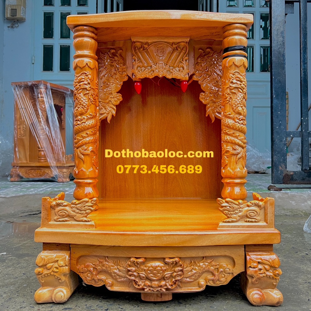 Bàn thờ thần tài thổ địa gỗ gõ đỏ quỳ trụ ngang 48cm