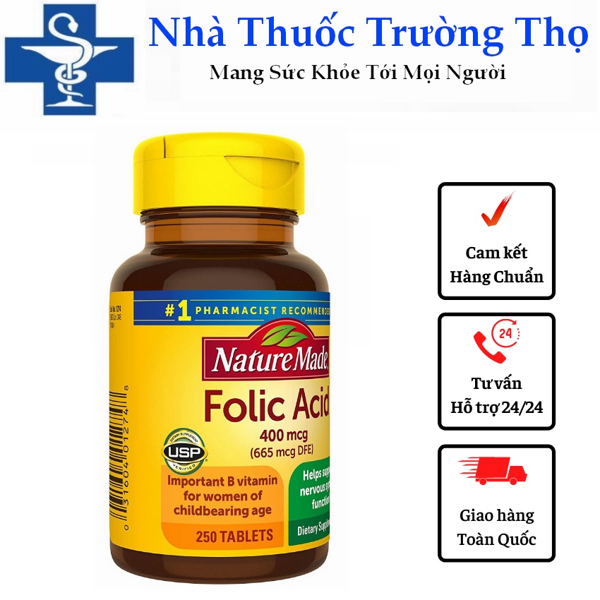 Viên uống bổ sung Folic Acid 400mcg Nature Made 250 viên USA