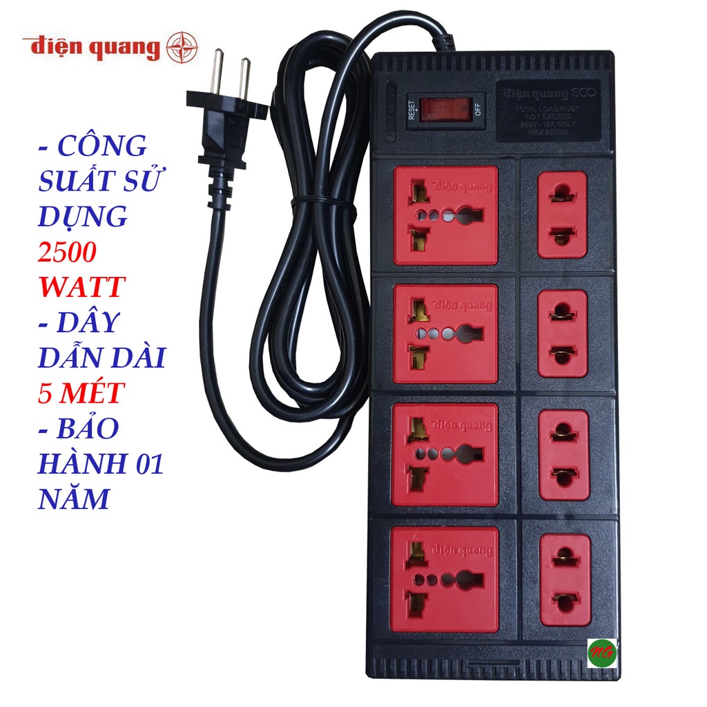 Ổ cắm ĐIỆN QUANG 8 ổ cắm 2 Mét ESK2BR ( Đen phối đỏ)