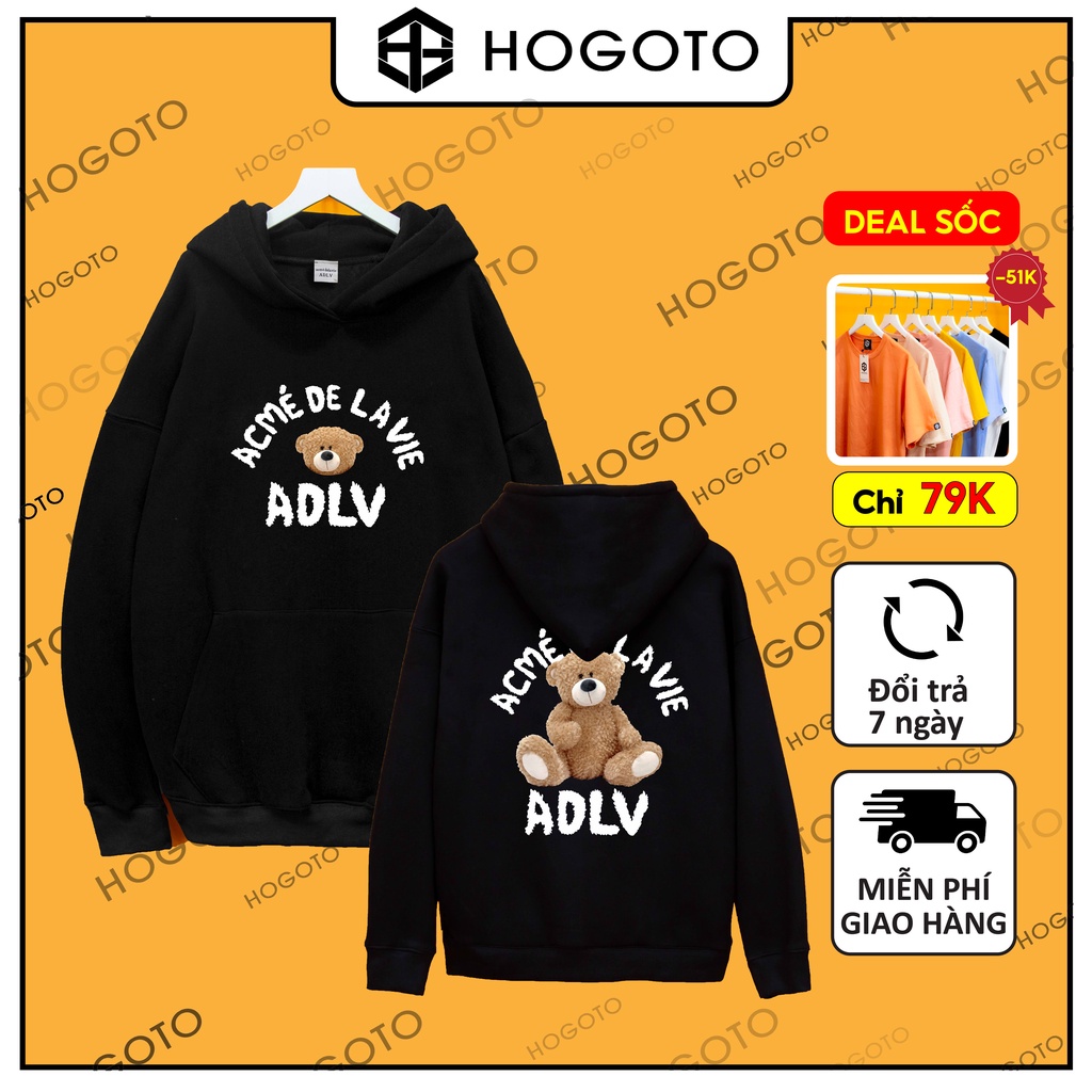 Áo nỉ hoodie ADLV GẤU Hogoto shop , Áo nỉ hoodie unisex nam nữ form rộng oversize chất liệu Cotton