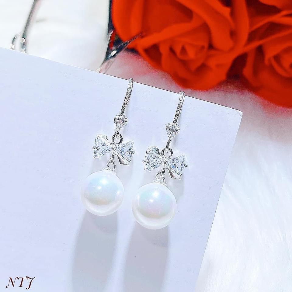 Bông tai nơ gắn hạt xinh xắn chuẩn bạc ta - Kho sỉ bạc Nhất Linh