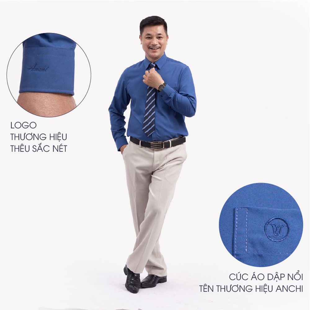 Áo Sơ Mi Nam Dài Tay Trung Niên ANCHI Classic Cotton Trơn Màu Xanh Than Cao Cấp