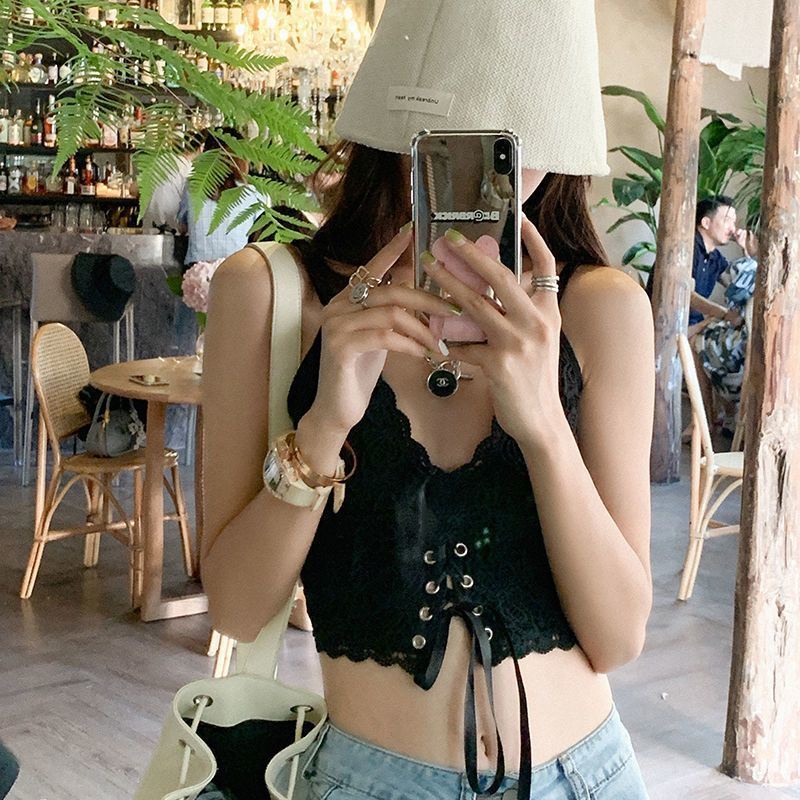 Áo 2 dây vải ren có mút đệm ngực thời trang hè kiểu Pháp cho nữ