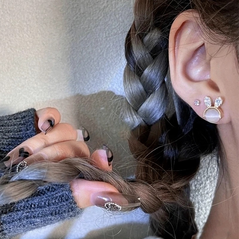 Khuyên Tai Đính Đá Opal Hình Tai Thỏ Đơn Giản Thời Trang Cho Nữ