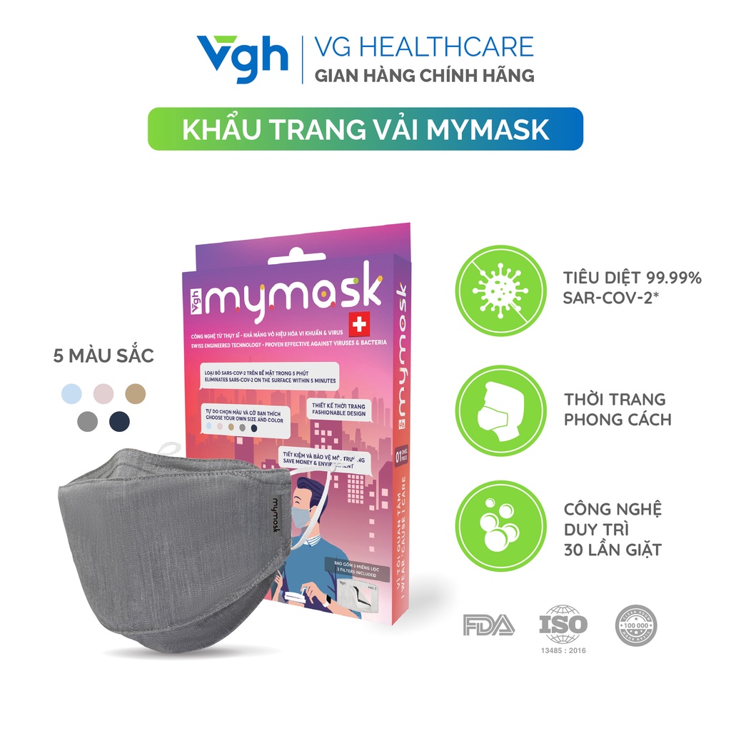 Khẩu trang vải MyMask với công nghệ Thụy Sĩ diệt khuẩn, thời trang, phong cách - Chính hãng VG Healthcare - Hộp 1 chiếc
