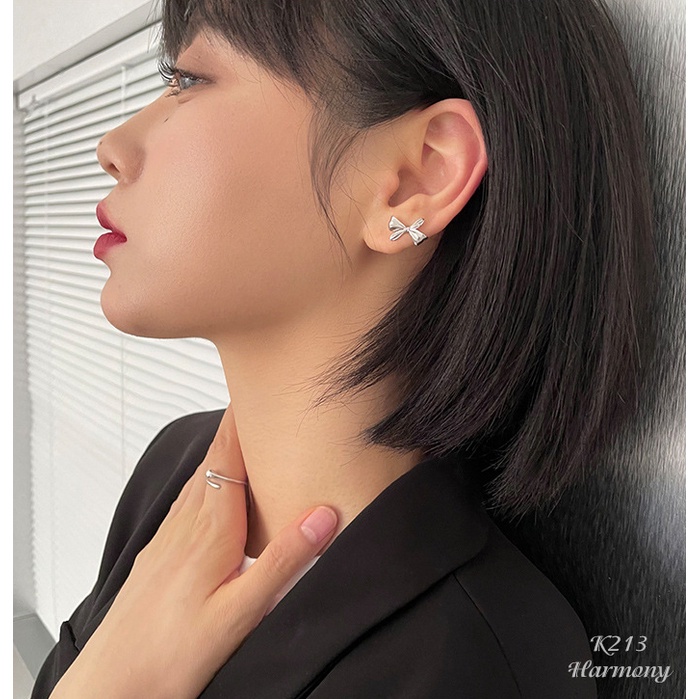 Bông, khuyên tai nữ bạc 925 cao cấp mạ vàng nơ mảnh kẹp vành sang chảnh HARMONY K213