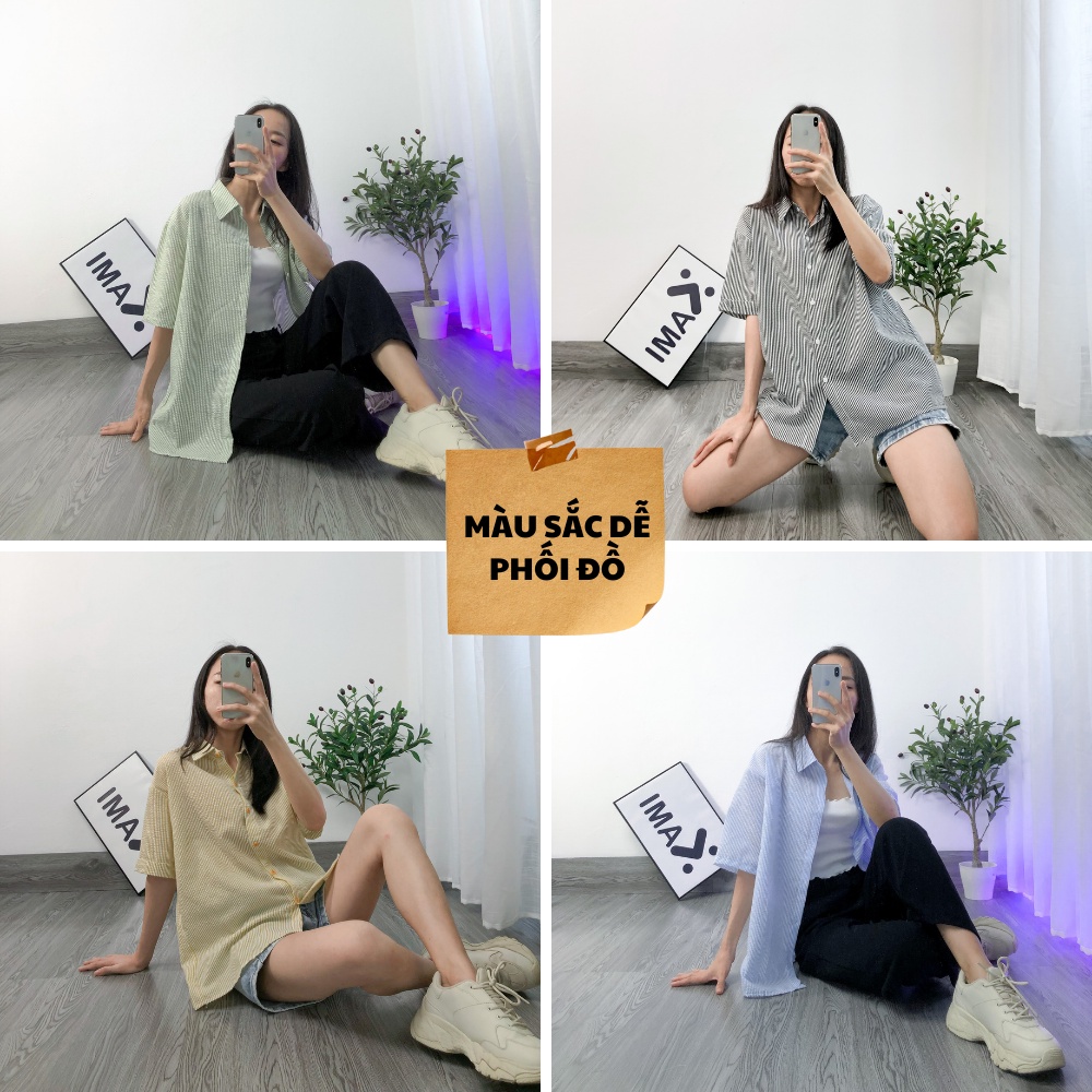Áo sơ mi nữ phom rộng, tay cộc, kẻ sọc freesize vải kate xốp nhẹ