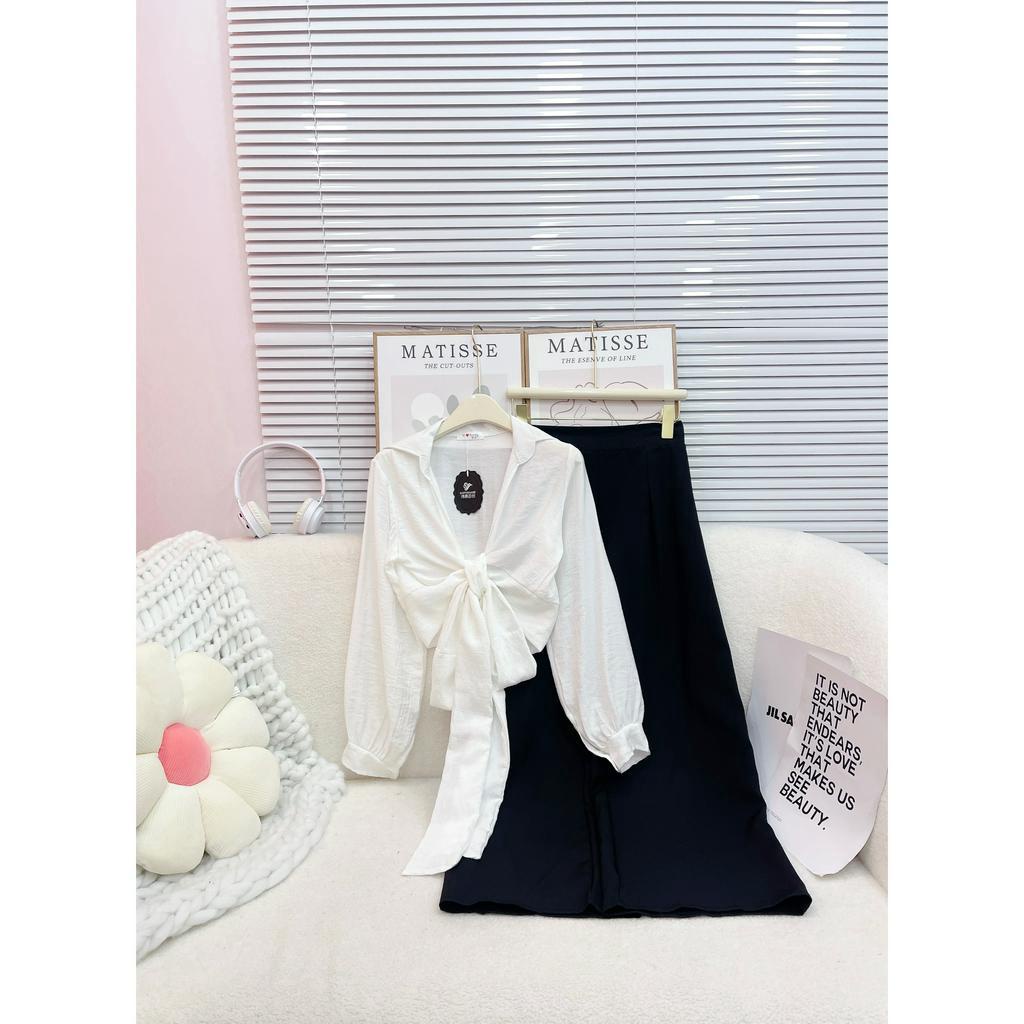 Set Bộ Đồ Nữ Áo Sơ Mi Đũi Croptop Thắt Nơ Dài Tay Mix Quần Umi Dáng Suông Rộng Đi Biển Freesize