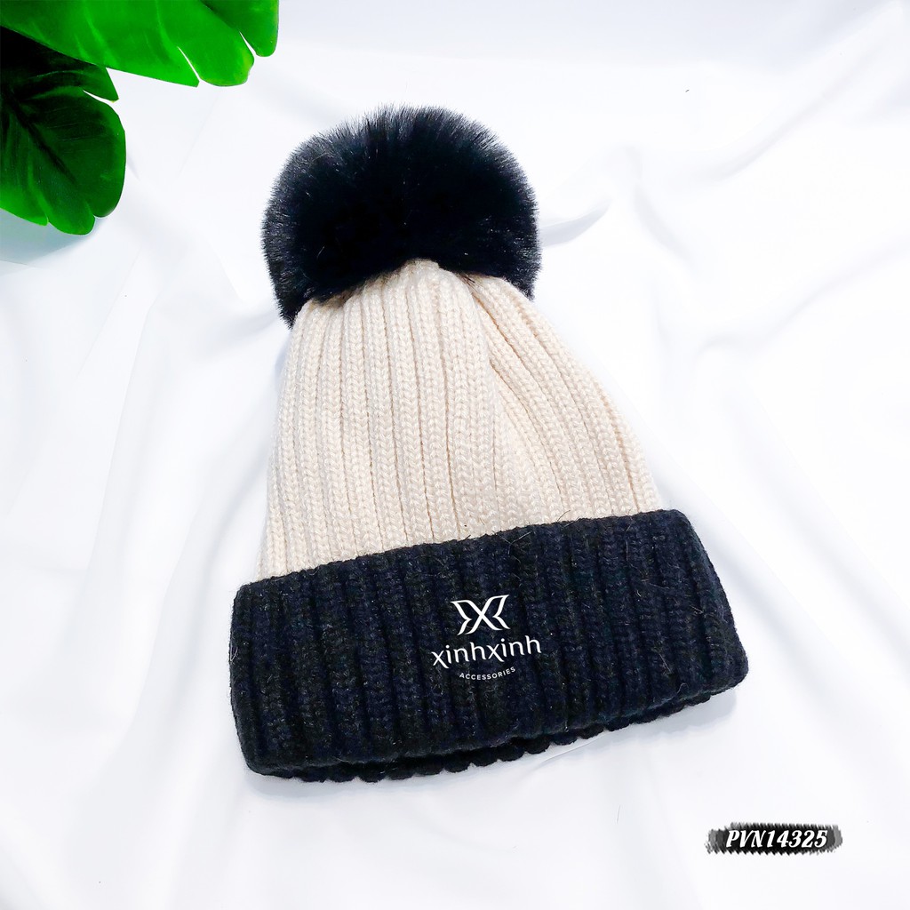 Mũ len đính quả bông phối hai màu cao cấp cho bạn gái - Xinh Xinh Accessories
