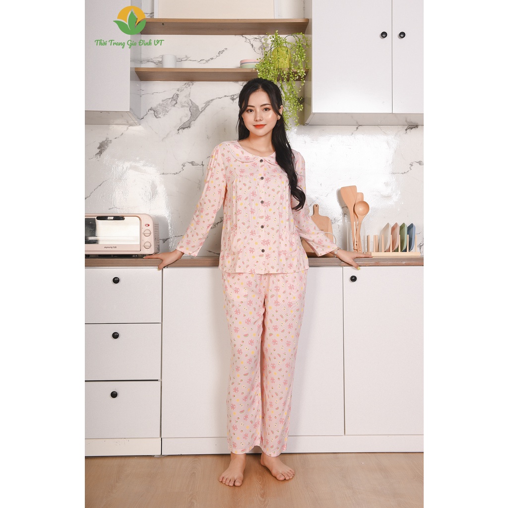 Đồ bộ mặc nhà nữ thu đông Việt Thắng, quần dài, áo dài tay, chất Lanh - B10.2202