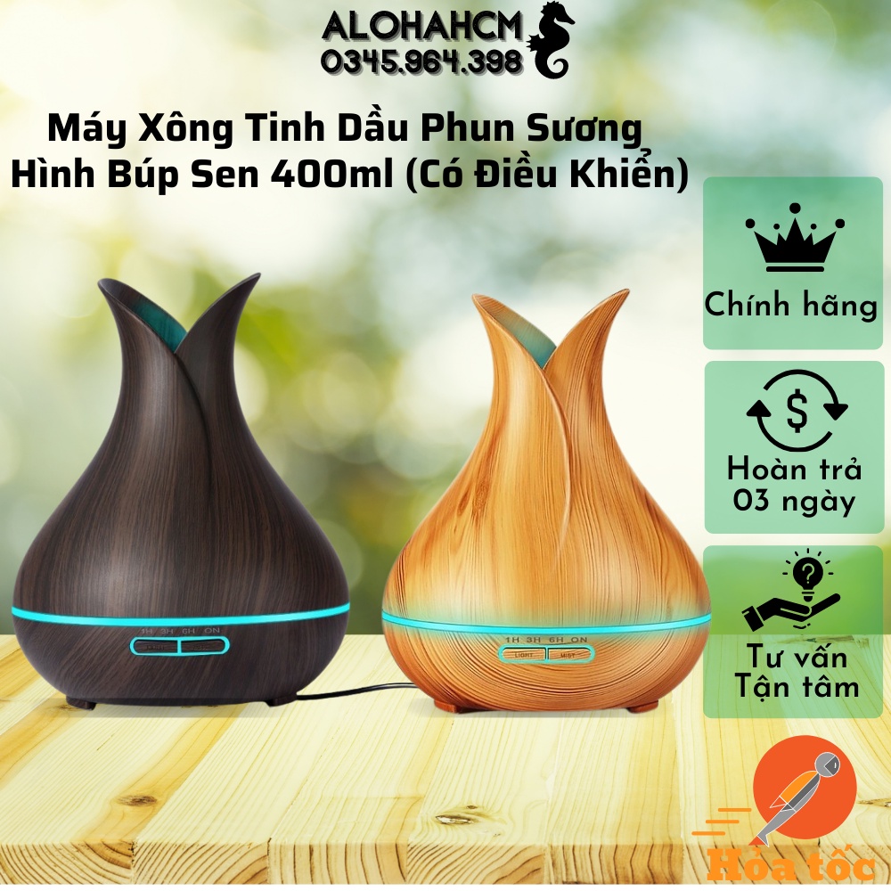 Máy Xông Tinh Dầu Phun Sương Hình Búp Sen 400ml (Có Đèn Led 7 Màu - Có Điều Khiển Từ Xa) Tặng Kèm 01 Tinh Dầu Gừng.
