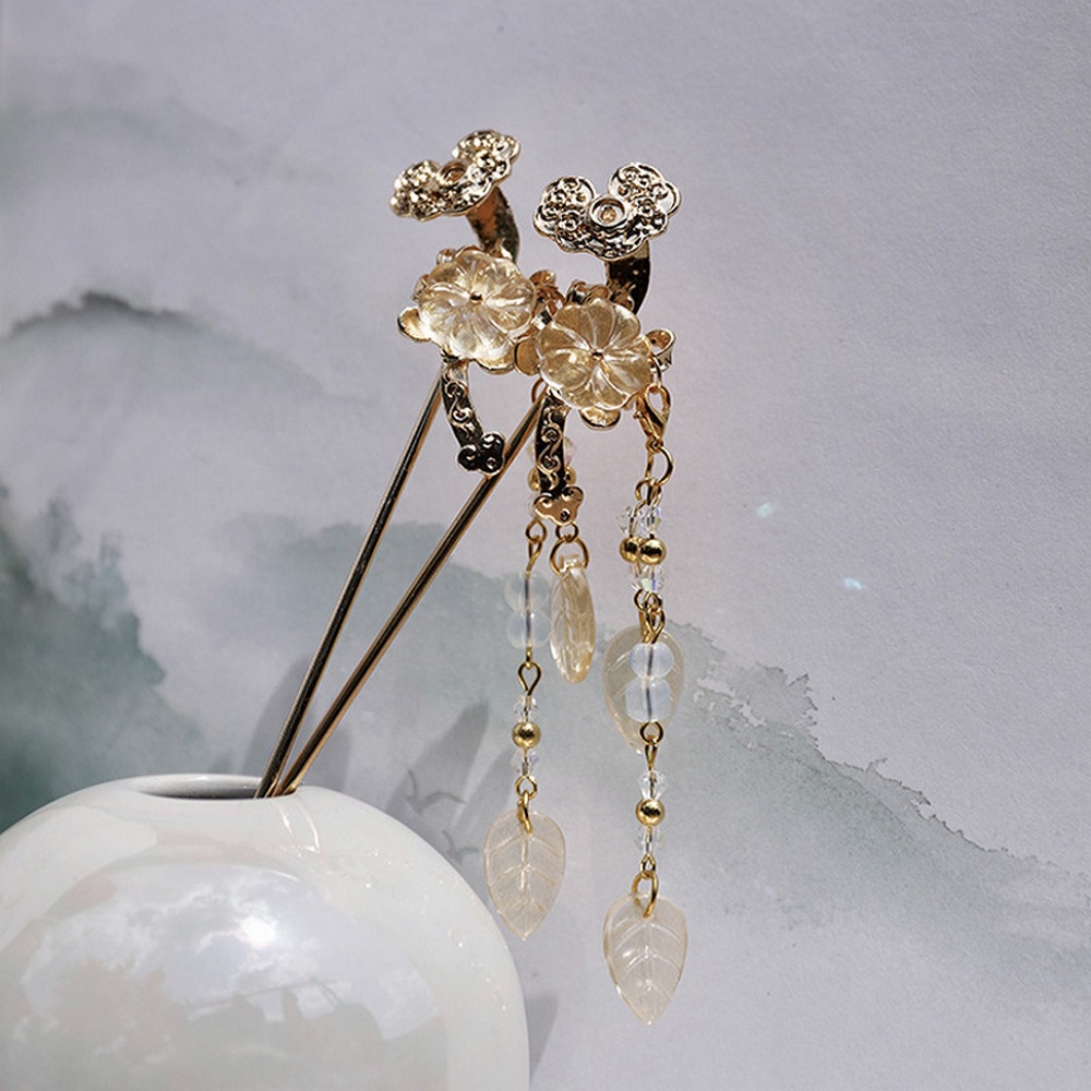 Trâm cài tóc hình hoa lá bằng hợp kim phối tua rua phong cách retro cho nữ