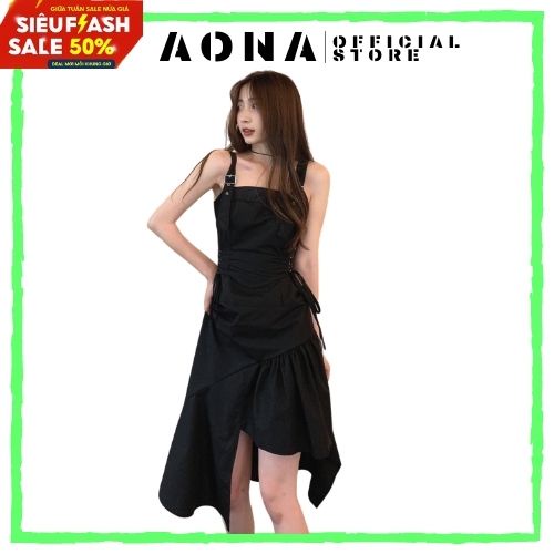 Váy Đen 2 Dây Vạt Ô Zuê Lệch Tà Chất Liệu Đũi Aona Mã 323