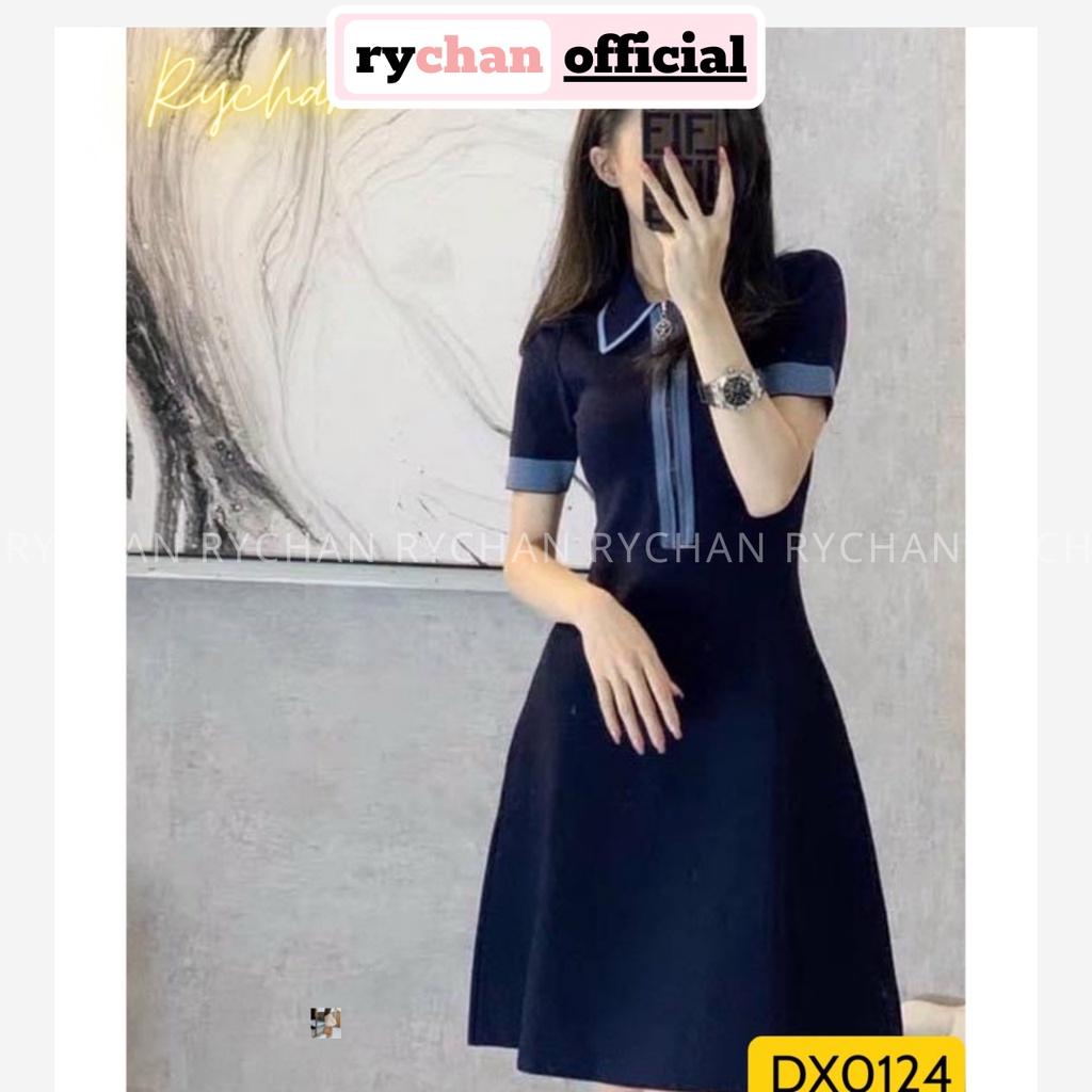 Đầm Xoè Sơ Mi Xanh Đen Khoá Kéo Trước - DX0124