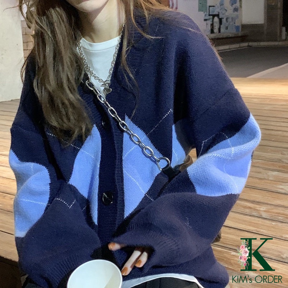 Áo len cardigan nữ khoác ngoài dài tay màu xanh và be phom rộng dáng dài hoạ tiết quả trám loại 1 tiểu thư Hàn Quốc