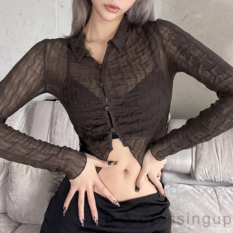 DRE-Women Summer Shirt, Long Sleeve Plain Lapel Buttons Sheer Short Shirt