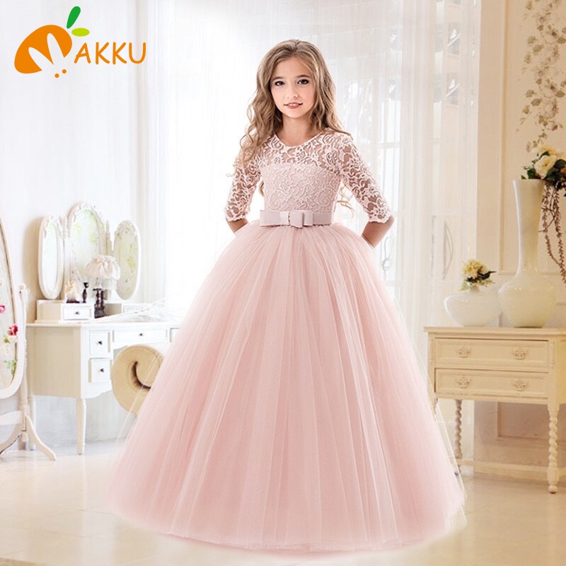 Váy thiết kế đầm công chúa bé gái tùng dài sát nách màu hồng AKKU