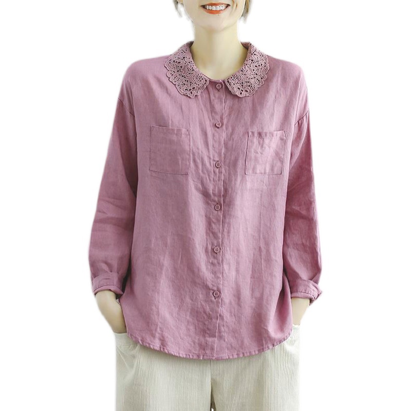 Ice lace lapel collar blouse cotton linen long-sleeved shirt Italian export tailor cut label female clearance