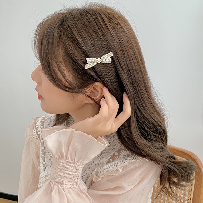 Kẹp tóc nơ nhỏ đính hạt tròn siêu yêu (01 cái)TOC21