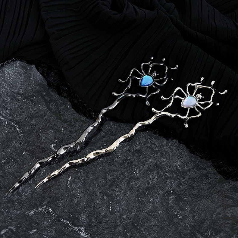 Kẹp Tóc Kim Loại Hình Nhện Đính Đá Mặt Trăng Phong Cách punk hip hop Hiện Đại