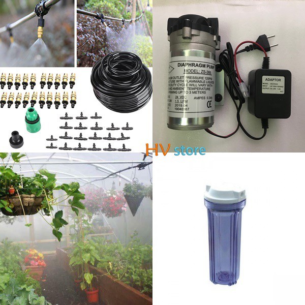 Bộ phun sương tưới cây đầy đủ, có bơm tăng áp và cốc lọc, 20 đầu bec chân nhựa đầu đồng, 20m dây