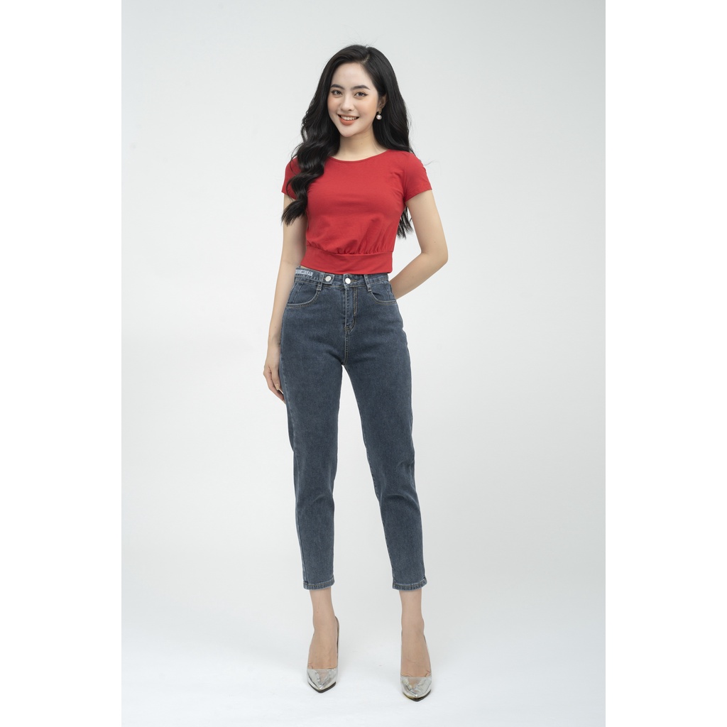 Áo cotton thun nữ croptop dáng bo gấu, cổ tròn, tay ngắn FIONA F522180