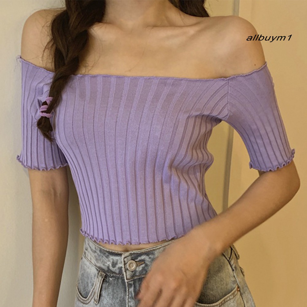 Áo Croptop Dệt Kim Trễ Vai Màu Trơn Cho Nữ