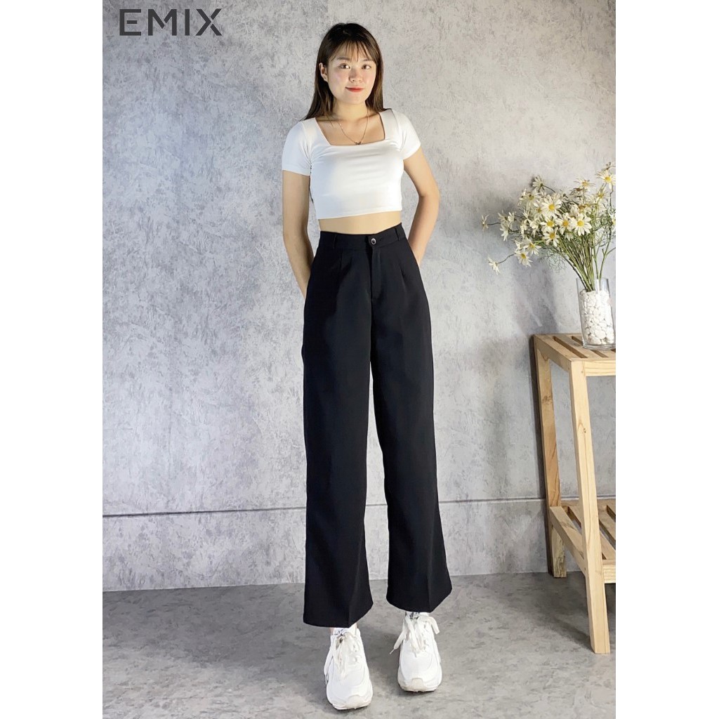 Set đồ năng động 2 sản phẩm, Mix áo croptop với quần ống rộng thời trang EMIX (áo trắng, quần đen), chất đẹp, mềm mịn