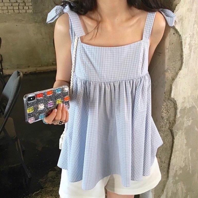 Set Áo Babydoll 2 Dây Kẻ Caro Xanh Xốp Kèm Quần Short Trắng(Hàng Sẵn, Ảnh Thật)