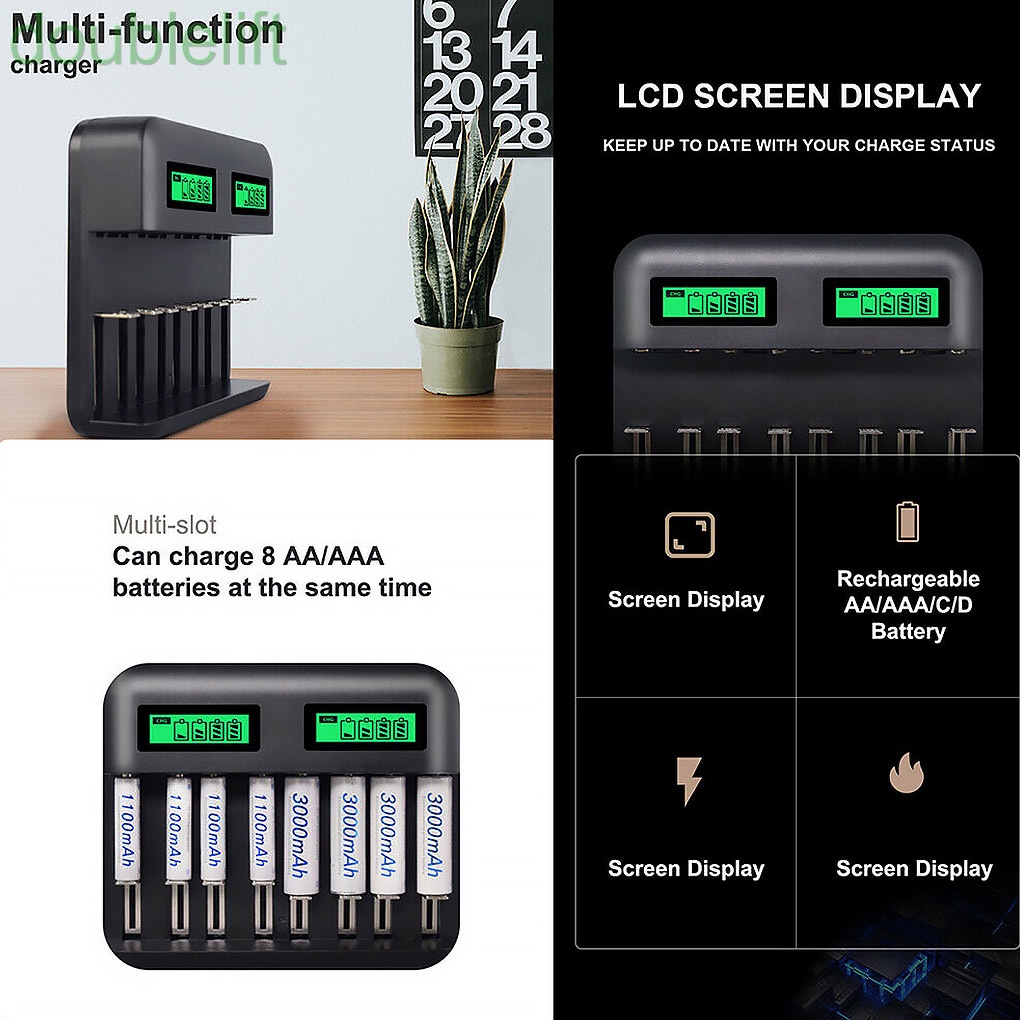 Sạc pin AA/AA/C/D 8 khe có màn hình LCD