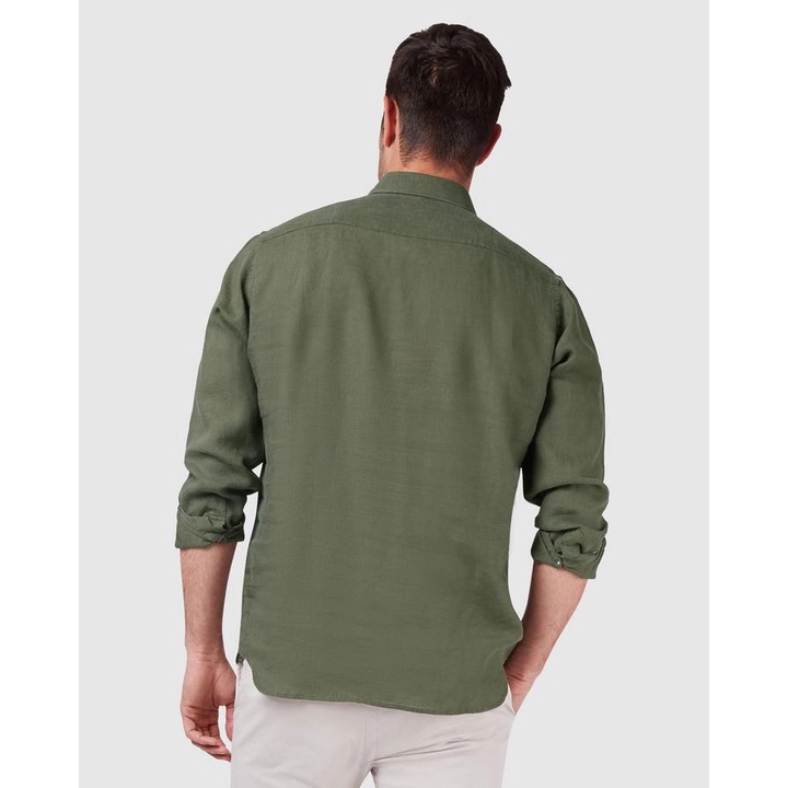 ÁO SƠ MI NAM HAZZYS LINEN OLIVE PLAIN SLIM FIT SHIRT - SIZE 95-100