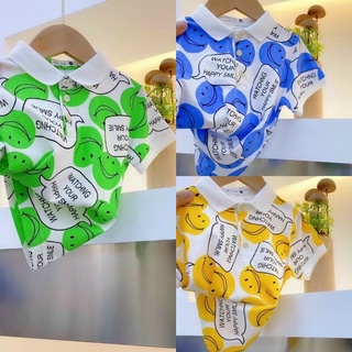 Áo bé trai cổ trụ thun in hình mặt cười size 2,3,4