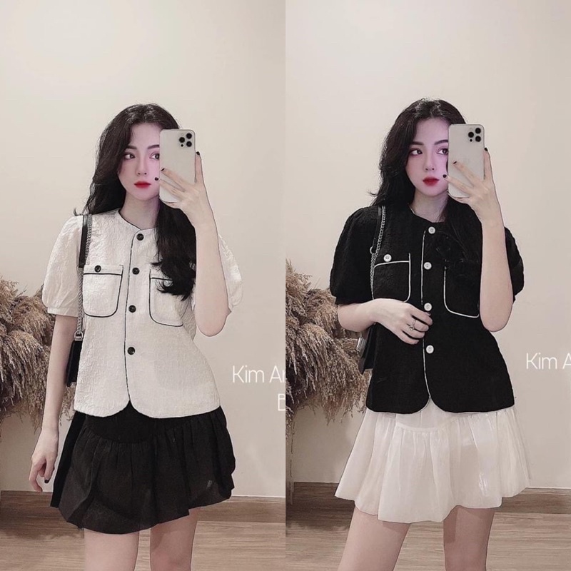 Set áo tay bồng kèm chân váy tơ lụa