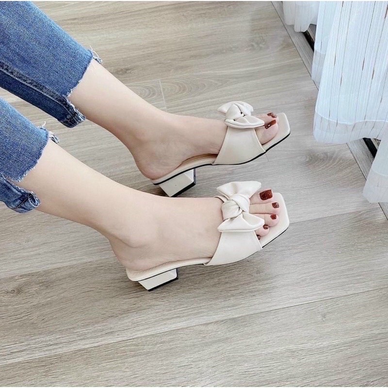 [Mã 44FASHIONSALE1 giảm 10k đơn từ 50k] Dép lê nơ ú gót vuông 4p da mềm mịn rẻ đẹp