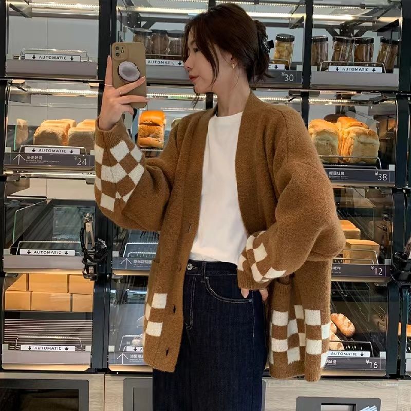 Áo Khoác Cardigan Dệt Kim Cổ Chữ V Form Rộng Thời Trang Thu Đông Hàn Quốc Mới