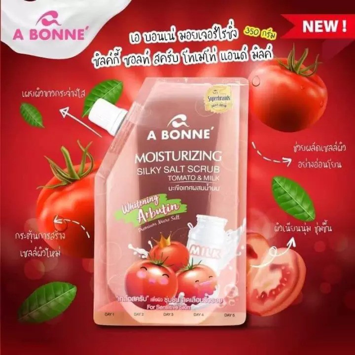 Muối Tắm Cao Cấp Thái Lan A Bonne' Moisturizing Silky Salt Scrub Tomato &amp; Milk Muối Tắm dưỡng Ẩm Cà Chua Và Sữa 350gr