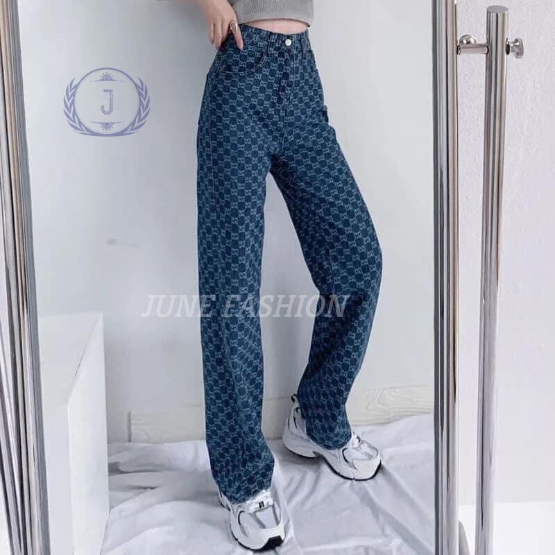 Quần jean, jeans, quan baggy suông ống rộng Nữ họa tiết thêu hoa rối June Fashion