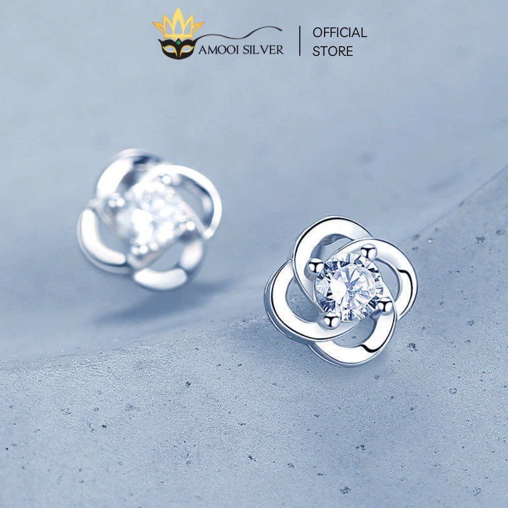Bông Tai Bạc S925 Đính Đá Mẫu Hoa Mai 4 Cánh Ngọc Ngà - Amooi Silver AB94