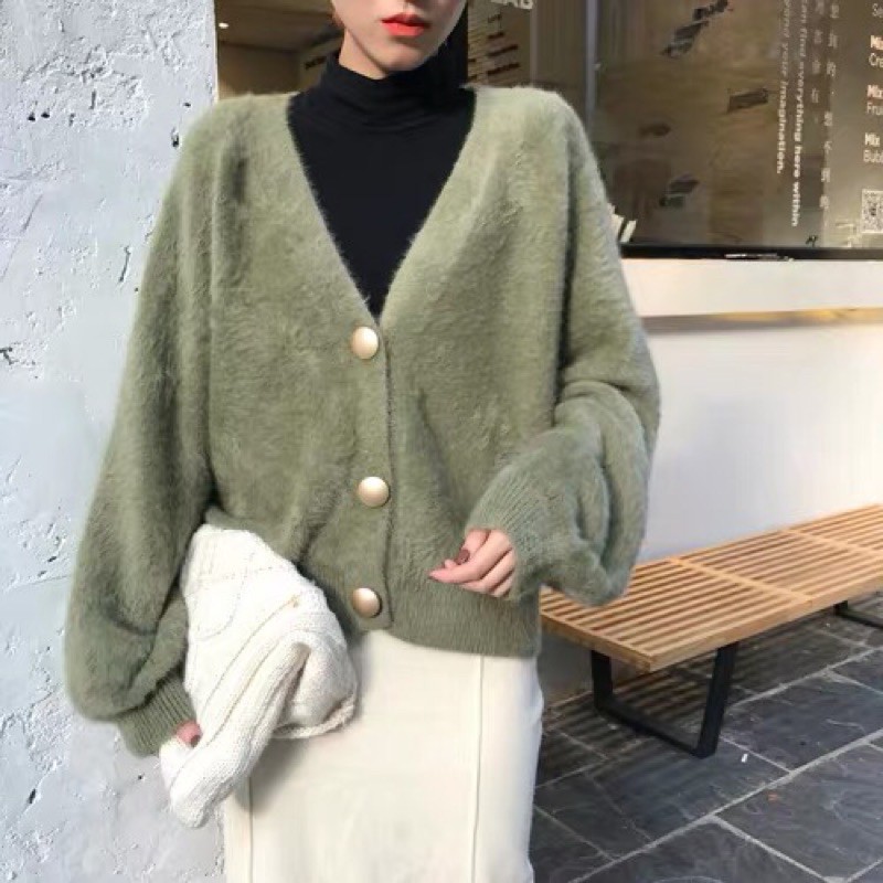 (Ảnh thật)(sẵn xanh rêu) Áo khoác len lông cardigan dáng dài tay bồng cổ v sang trọng thu đông 2020 đi làm đi chơi | BigBuy360 - bigbuy360.vn